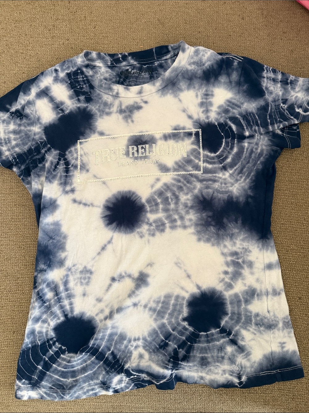 True Religion Kids Navy and White Tie-Dye Logo Tee